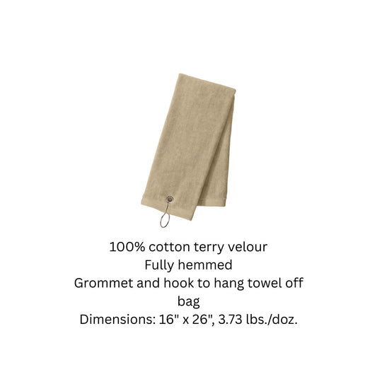 Beige tri fold towel with grommet and bag hook along with additional detail notes