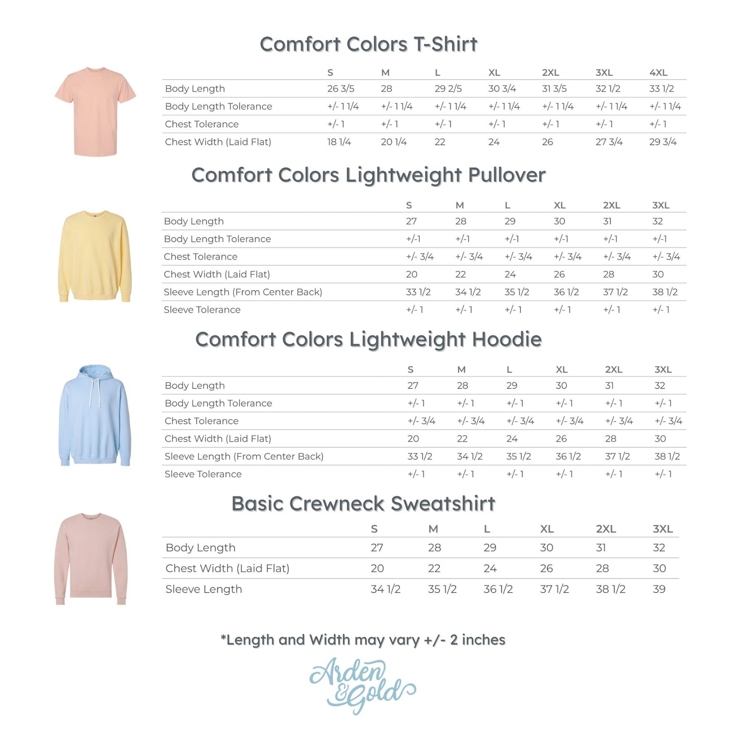 Size chart for clothing including t-shirt, pullover, hoodie, and sweatshirt.