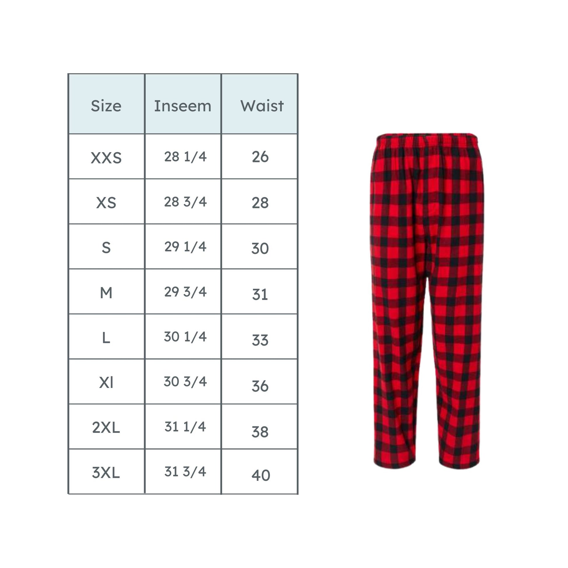 pajama pant size chart