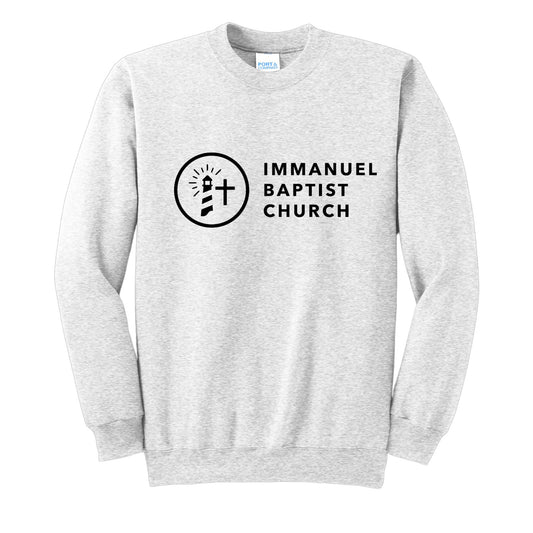 ash crewneck sweatshirt with a large immanuel baptist church logo print