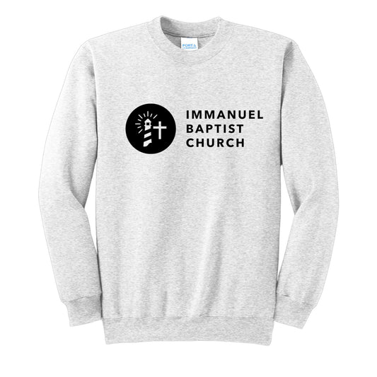 ash crewneck sweatshirt with filled in immanuel baptist church logo on the front