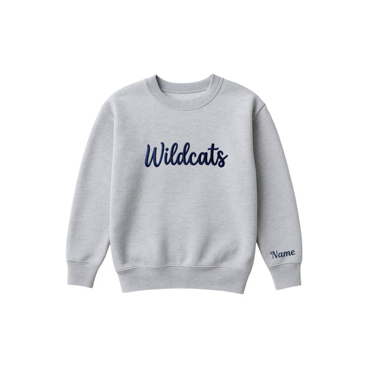 athletic heather boxy crewneck sweatshirt with 3d puff embroidered wildcats design across the center chest with optional name embroidery on the cuff