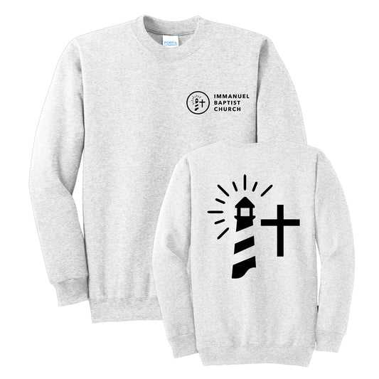 adult ash crewneck sweatshirt with an immaunel baptist church printed on the front and a large lighthouse print on the back
