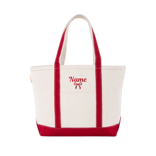 RED CANVAS TOTE WITH RED NAME AND BOW EMBROIDERED DESIGN