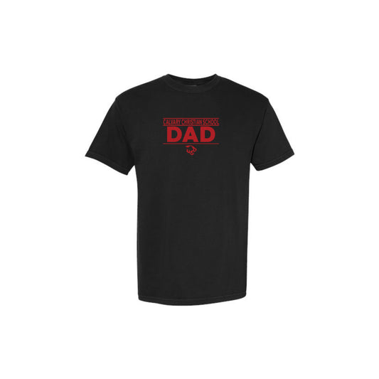 black comfort colors tee with red calvary christian school dad printed design on the center chest