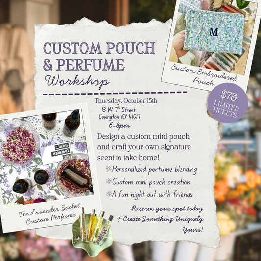 Advertisement for a custom pouch and perfume workshop with text and images of products.