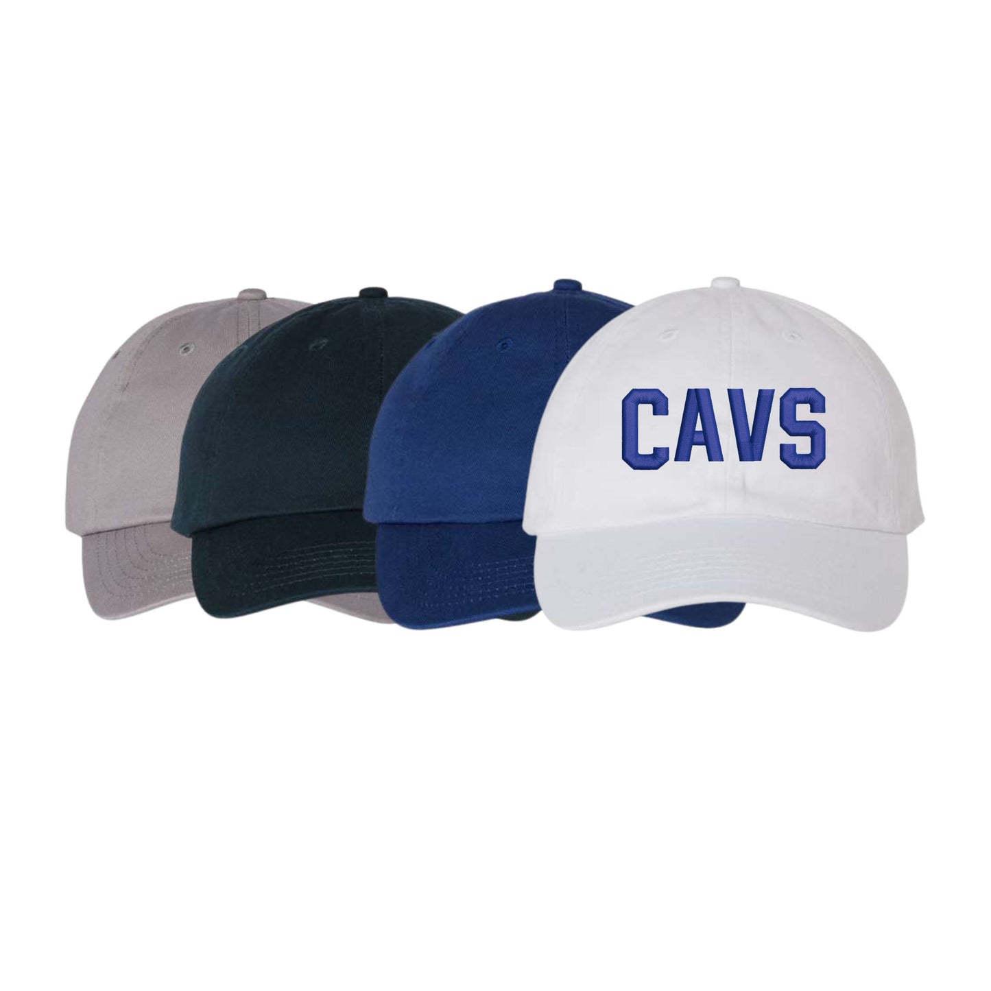 Four baseball caps in different colors with 'CAVS' text on a white background