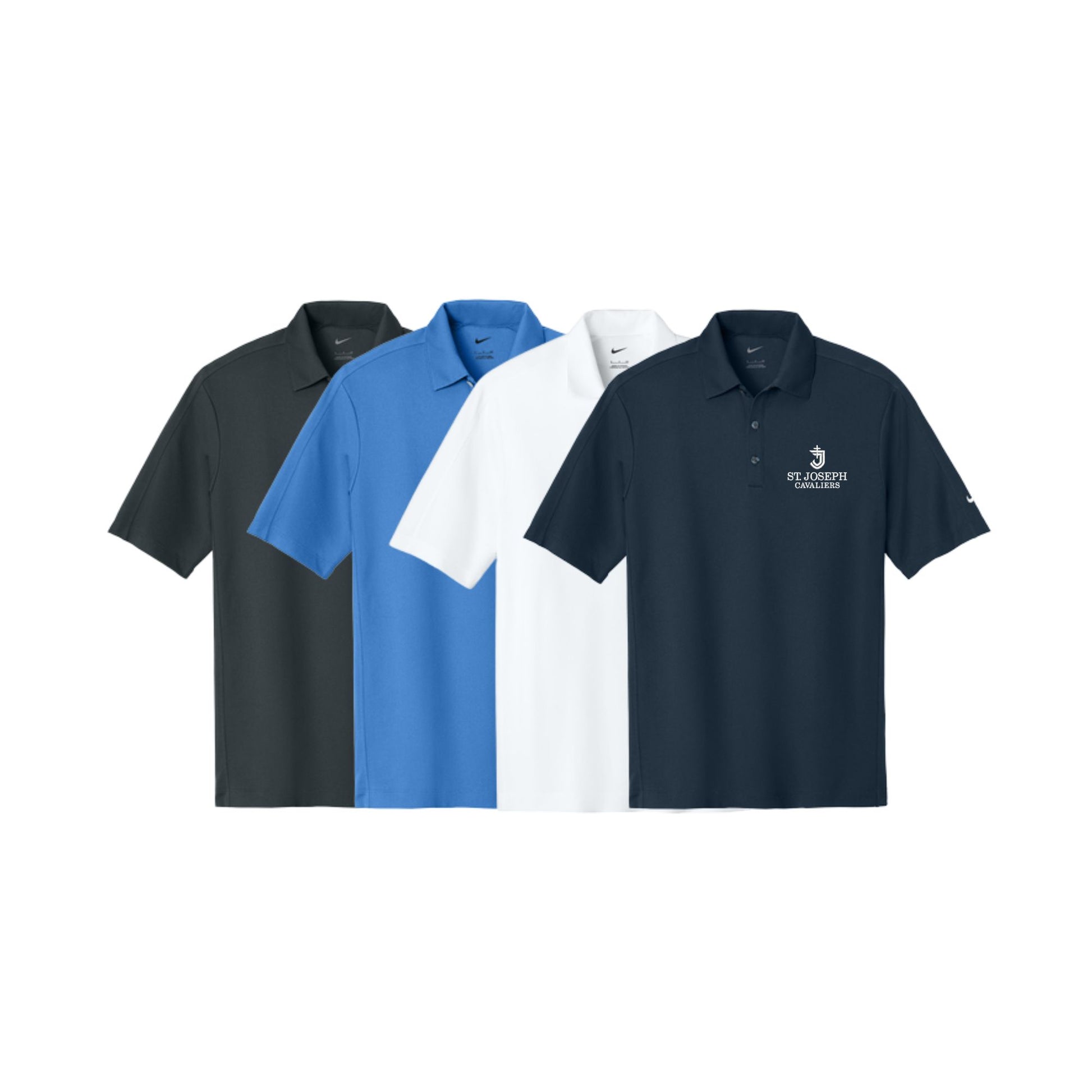 Four polo shirts in black, blue, white, and navy on a white background
