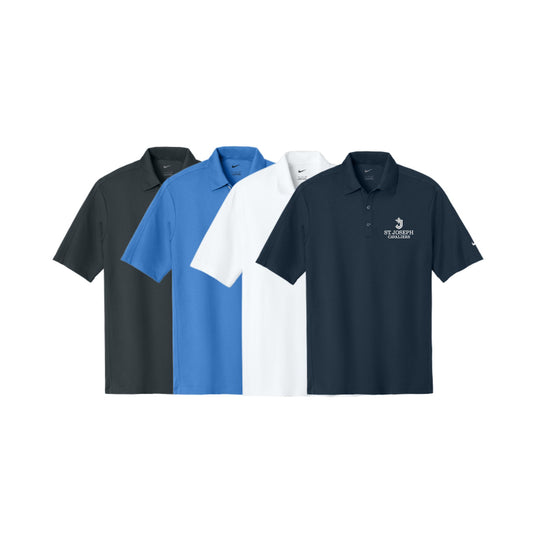 Four polo shirts in black, blue, white, and navy on a white background