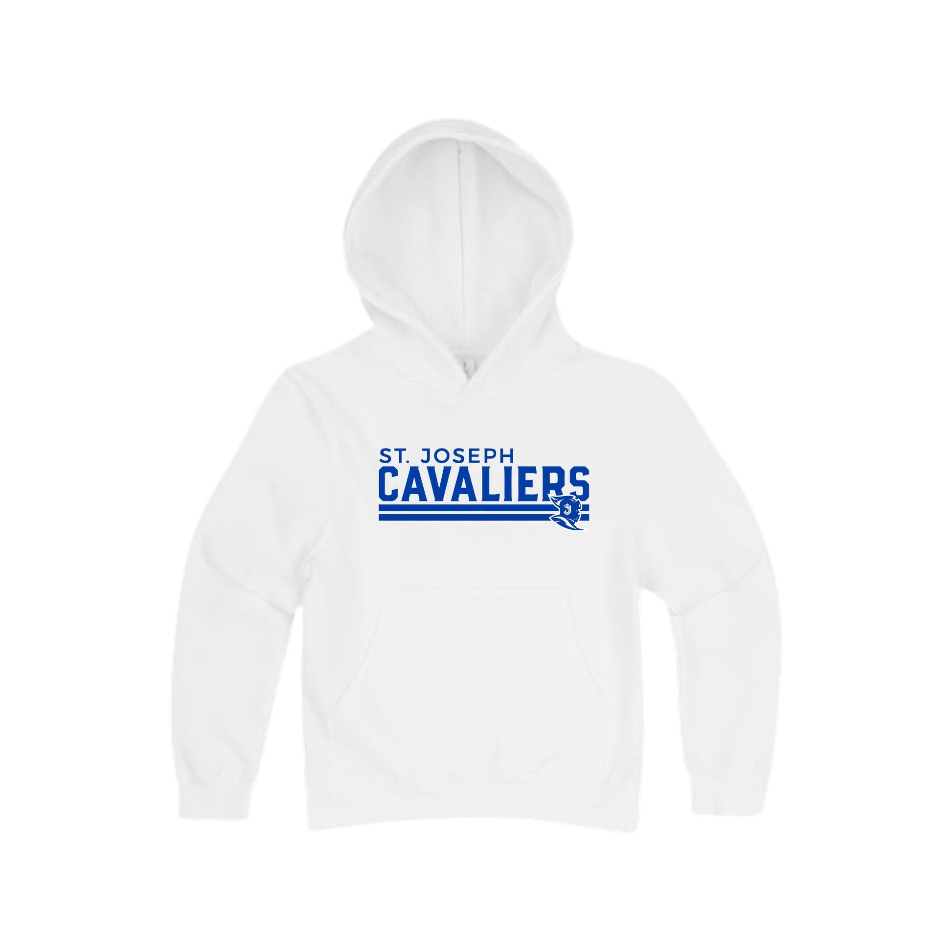 White hoodie with 'St. Joseph Cavaliers' text on a white background