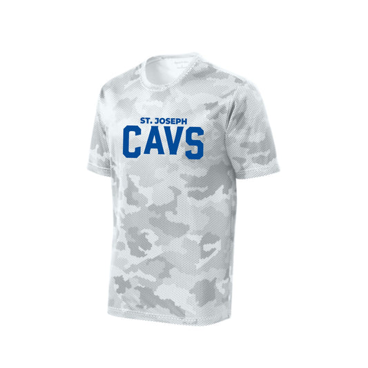 youth white camohex tee with st. joseph cavs print in royal