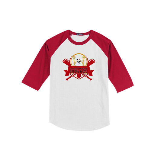 Red and white baseball jersey with a logo on a white background