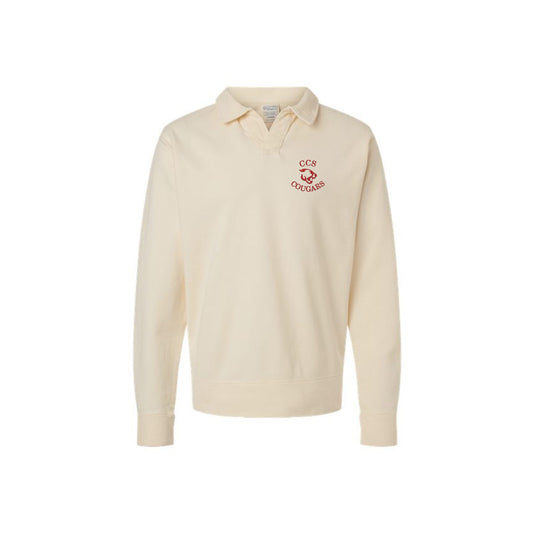 parchment polo collar sweatshirt with calvary christian logo embroidered on the left chest in red thread