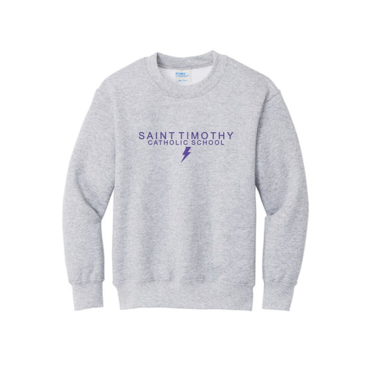 Gray sweatshirt with 'Saint Timothy Catholic School' text on a white background