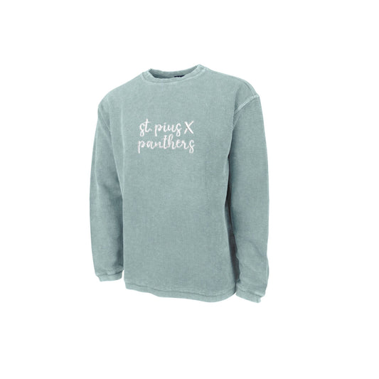 Green sweatshirt with 'st pius X panthers' text embroidered in white thread on the center chest