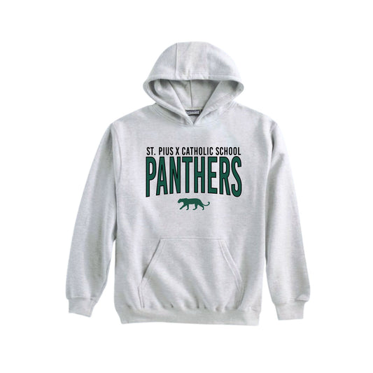 A light gray pullover hoodie featuring 'ST. PIUS X CATHOLIC SCHOOL PANTHERS' printed on the chest in dark green and black, with a small panther graphic below.