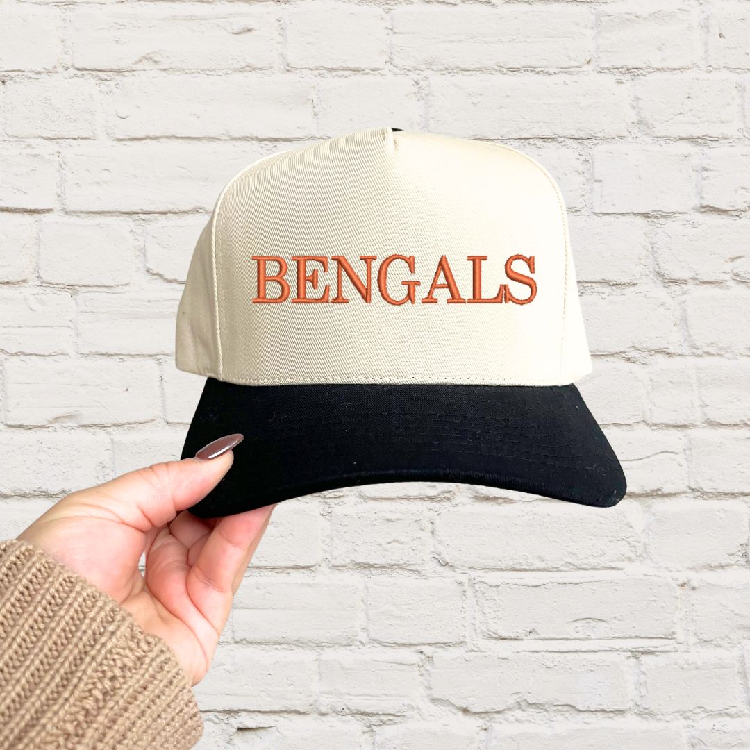 two toned canvas and black  hat with all caps BENGALS embroidered text in orange thread