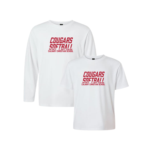 White long-sleeve and t-shirt set with red 'Cougars Softball' text on a white background