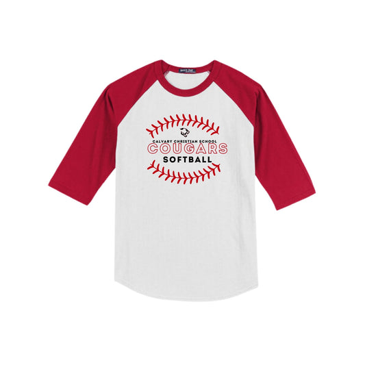 Red and white baseball-style shirt with 'Cougars Softball' text on a white background