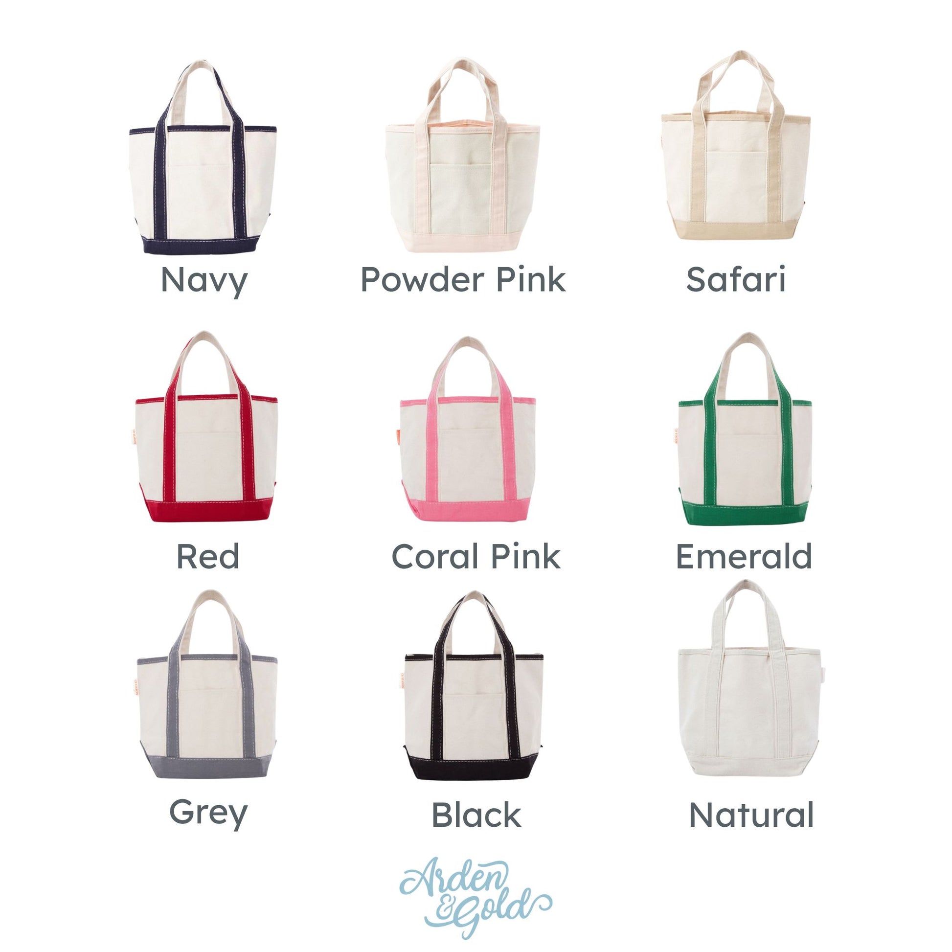 bag color options: navy, powder pink, safari, red, coral pink, emerald, grey, black, and natural