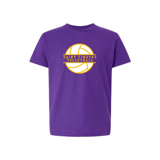 Purple t-shirt with yellow volleyball graphic and text on a white background