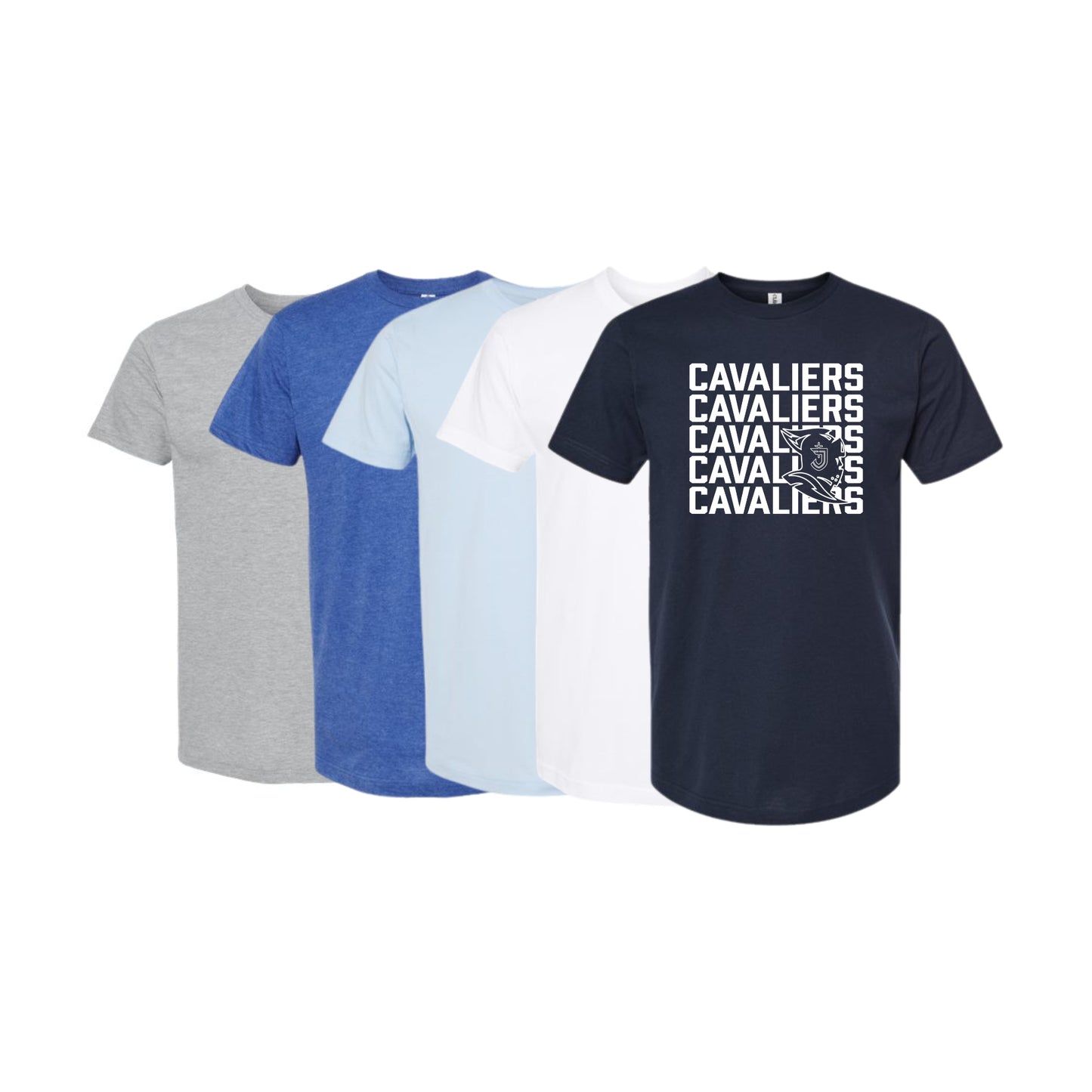 Four t-shirts in gray, blue, light blue, and navy with 'CAVALIERS' text design on a white background.