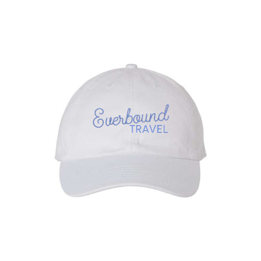 White cap with 'Everbound Travel' text on a white background