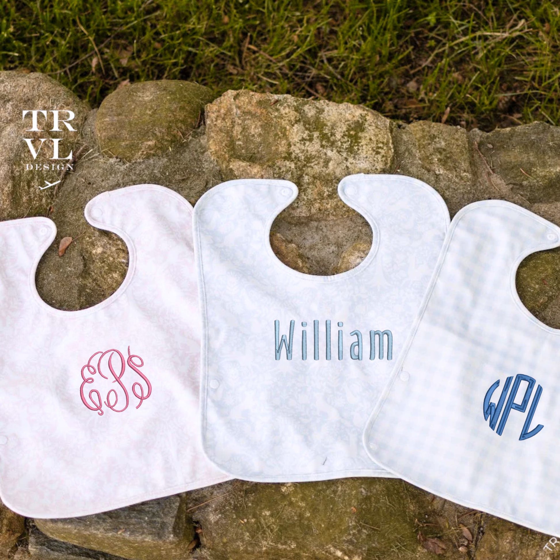 woodland pink baby bib with monogram, woodland blue baby bib with name embroidery, blue gingham bib with monogram