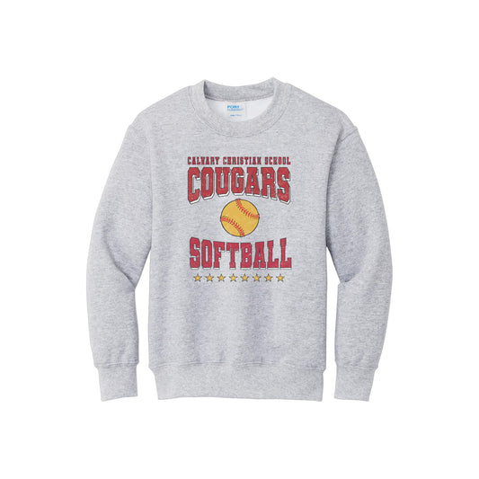 Gray sweatshirt with 'Calvary Christian School Cougars Softball' text and softball graphic on a white background