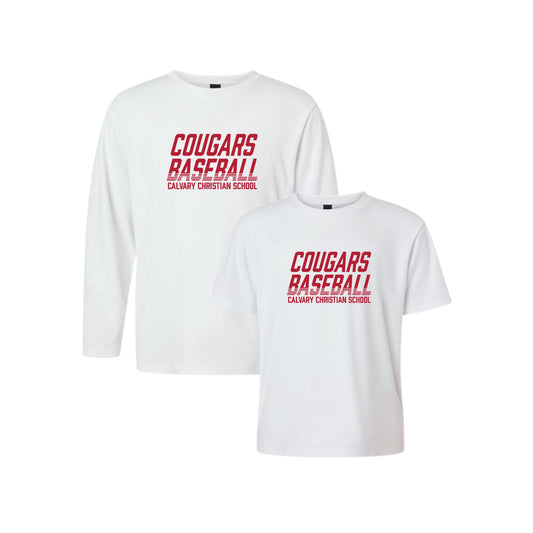 White long-sleeve and t-shirt set with red 'Cougars Baseball Calvary Christian School' text on a white background