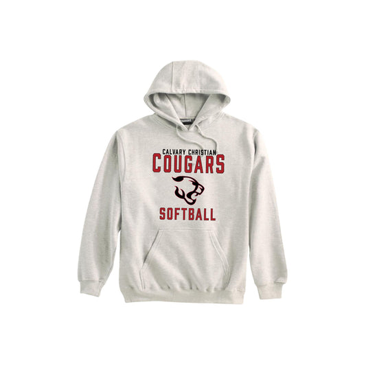 White hoodie with 'Calvary Christian Cougars Baseball' text and logo on a white background