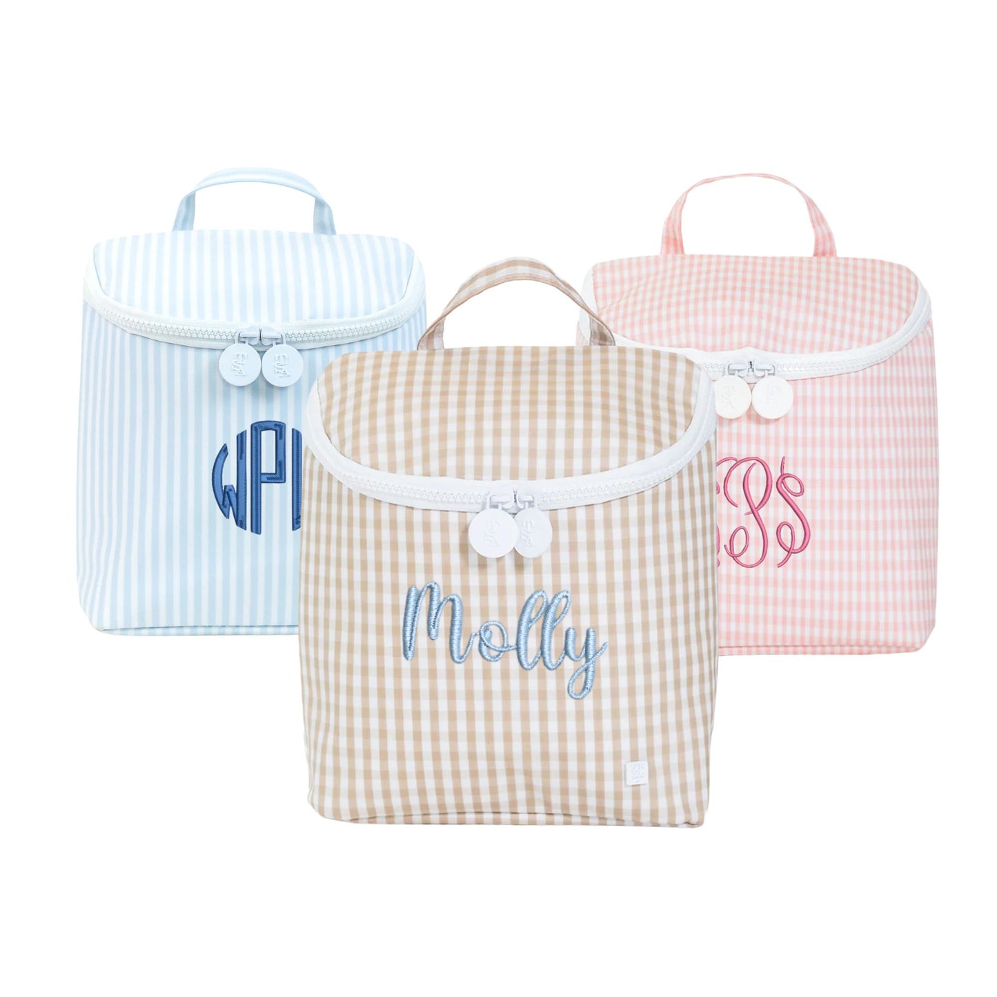 insulated lunch bags in blue stripe, taffey gingham, and khaki gingham with custom name and monograms embroidered