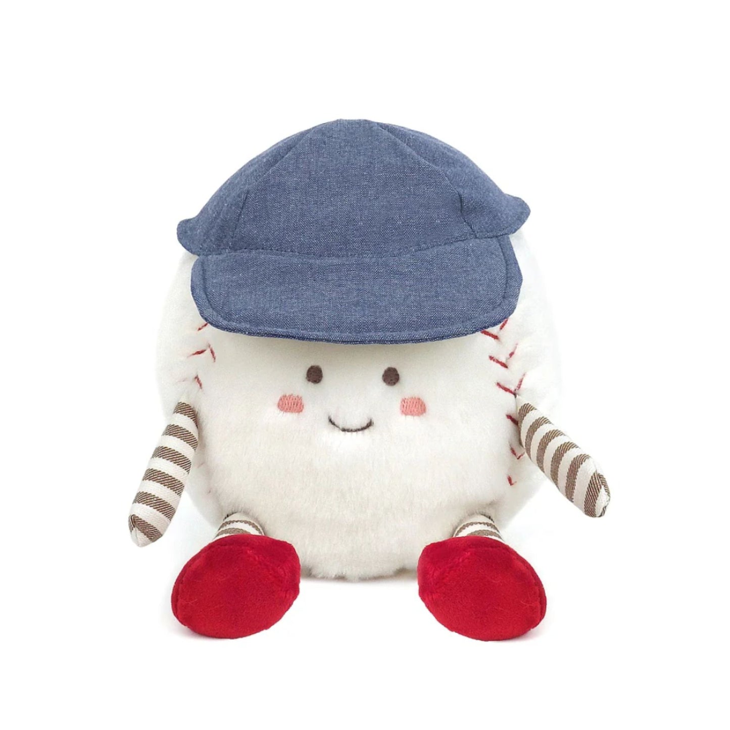 Plush baseball toy with a blue cap, red shoes, and striped sleeves on a white background