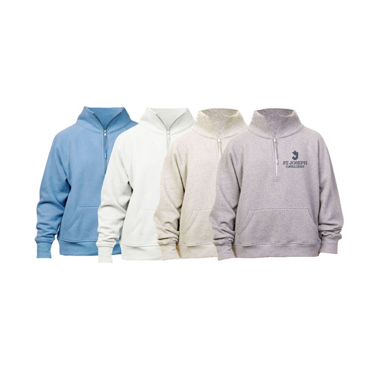 Four ladies boxy quarter zips in blue, white, beige, and gray on a white background