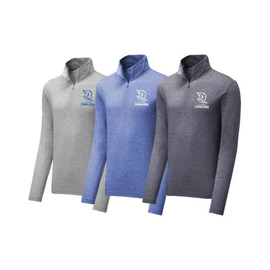 Three long-sleeve shirts in gray, blue, and dark gray with logos on a white background