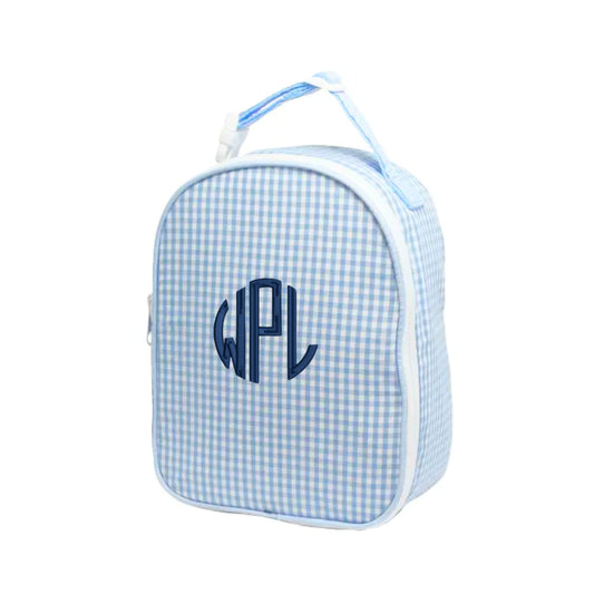 navy blue gingham lunch bag with custom embroidered monogram in navy thread