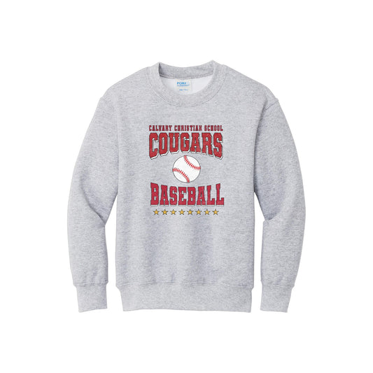 Gray sweatshirt with 'Calvary Christian School Cougars Baseball' text and a baseball graphic on a white background
