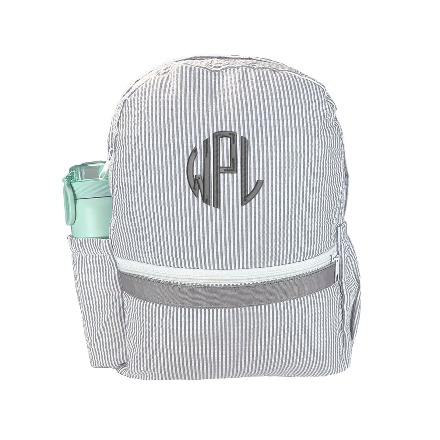 grey and white seersucker kids backpack with front zippered pocket and side water bottle pocket