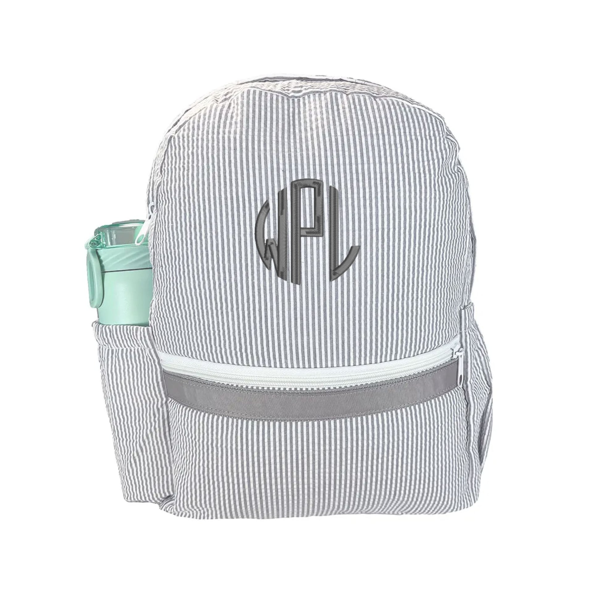 grey and white seersucker kids backpack with front zippered pocket and side water bottle pocket