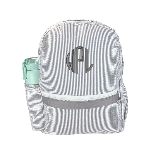 grey and white seersucker kids backpack with front zippered pocket and side water bottle pocket
