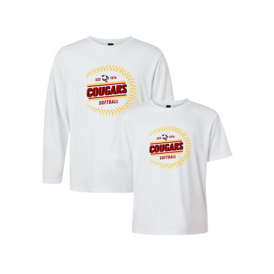 White long-sleeve and t-shirt set with 'Cougars Softball' design on a white background