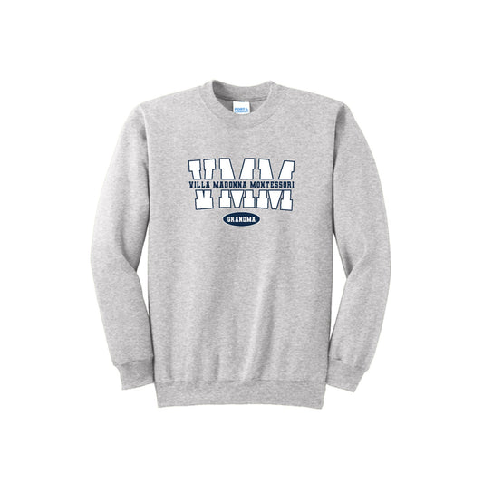A heather gray crewneck sweatshirt featuring a collegiate-style graphic on the chest that reads 'VVM VILLA MADONNAMontessori' and 'GRANDMA' inside a small navy oval, shown on a plain white background.
