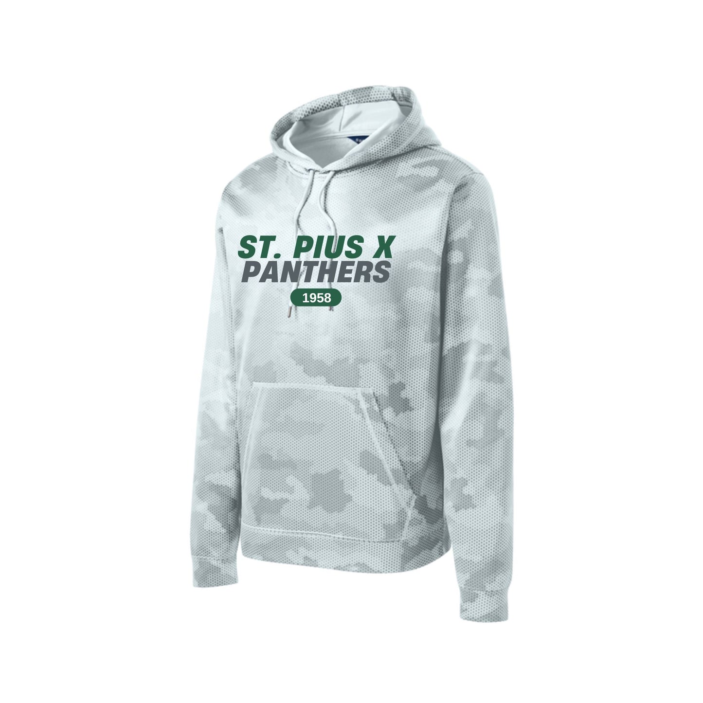 White camouflage hoodie with 'St. Pius X Panthers' text on a white background