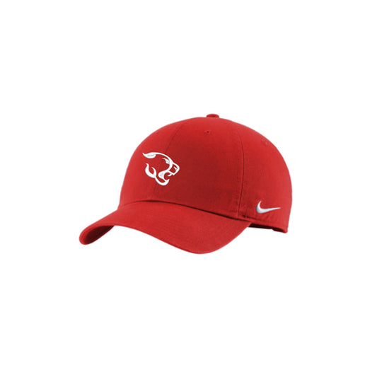 red nike hat with custom cougar head logo embroidered design in white on the front