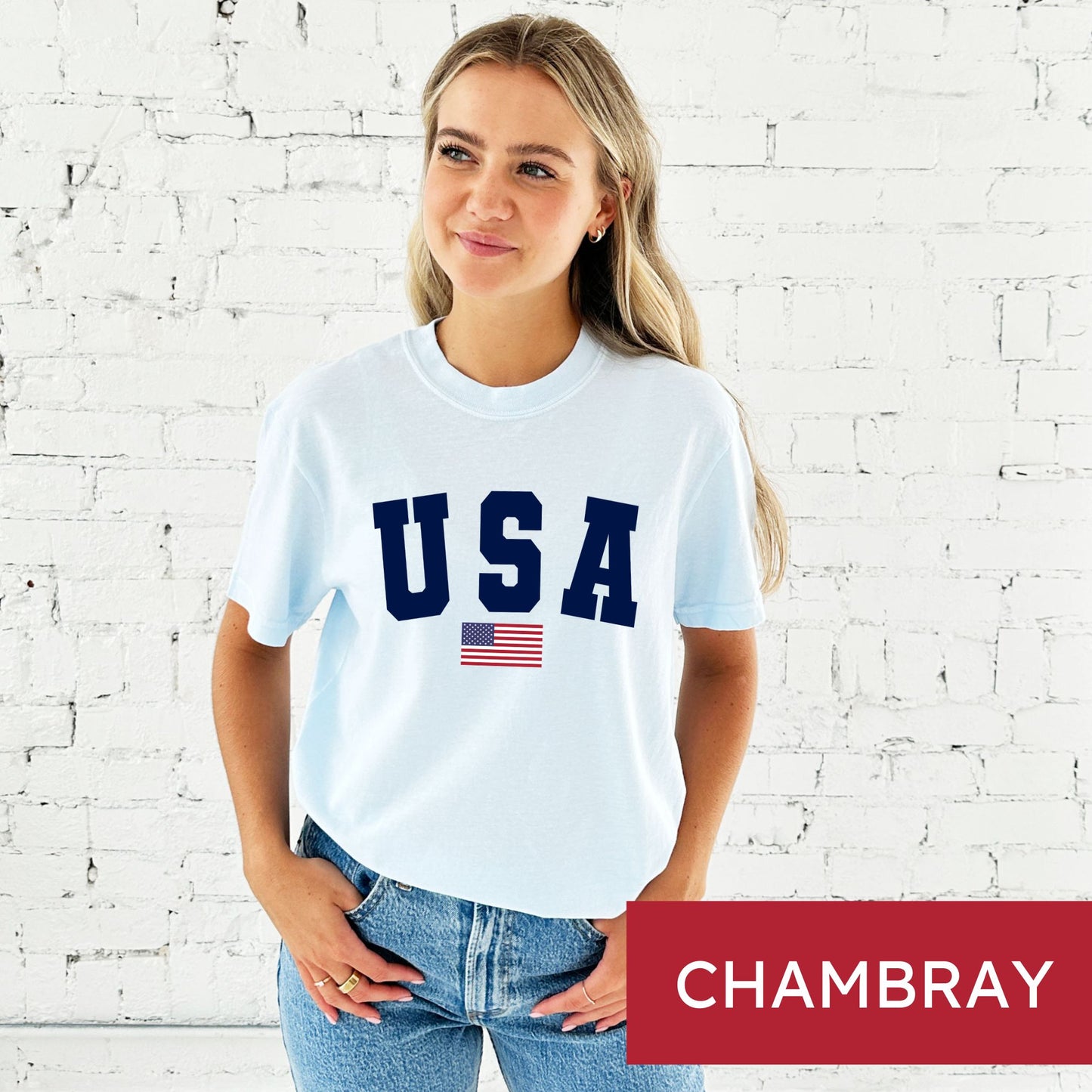 woman wearing a chambray comfort colors t-shirt with usa american flag printed design