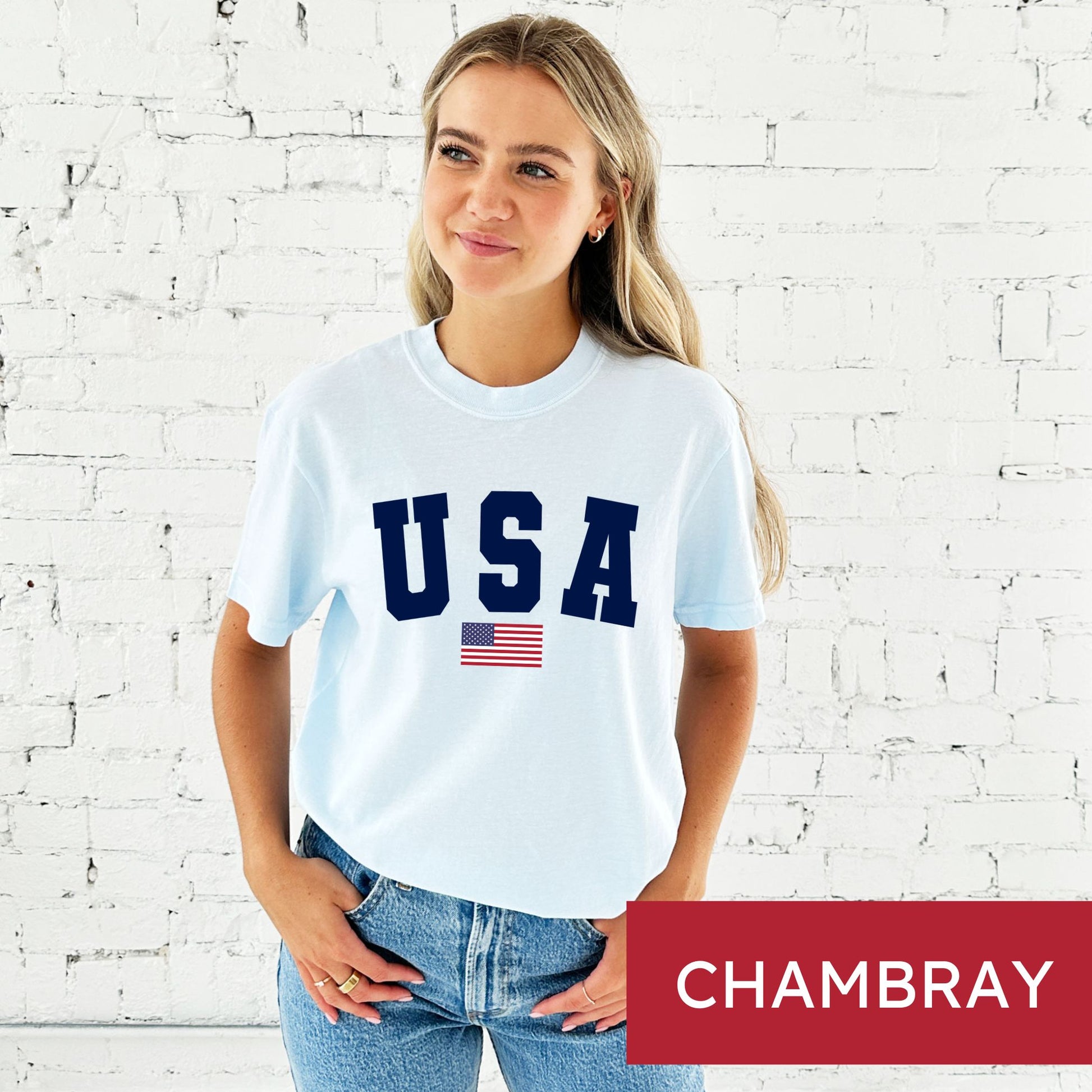 woman wearing a chambray comfort colors t-shirt with usa american flag printed design