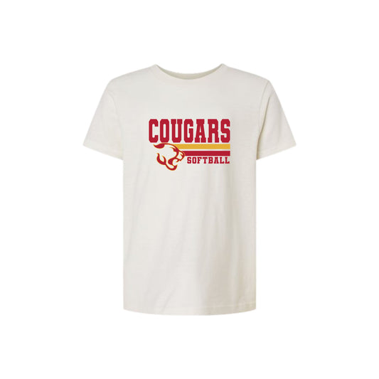 vintage white t-shirt with 'COUGARS SOFTBALL' text and logo on a white background