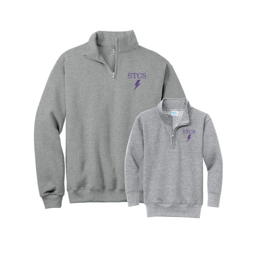 Gray quarter-zip sweatshirt with 'STCS' logo on a white background