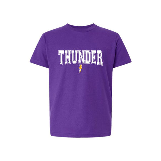 Purple t-shirt with 'THUNDER' printed on it against a white background