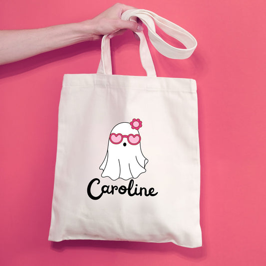 natural tote bag with custom cute groovy ghost and name printed design
